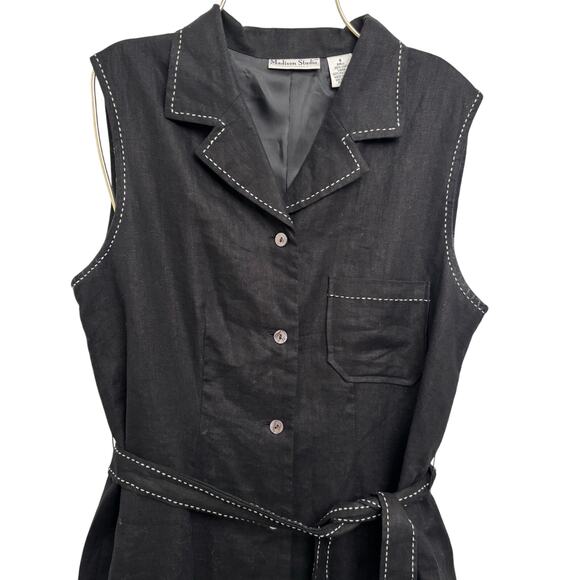Vintage Madison Studio Black Linen Collarec Maxi Dress Contrast Stitching Belted - Picture 4 of 7